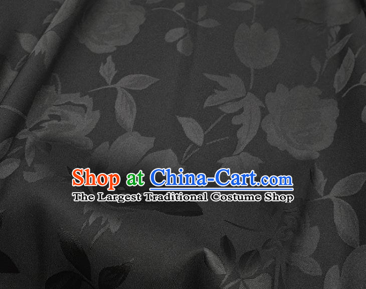 Chinese Traditional Camellia Pattern Design Black Satin Fabric Silk Material Traditional Asian Hanfu Dress Cloth Tapestry