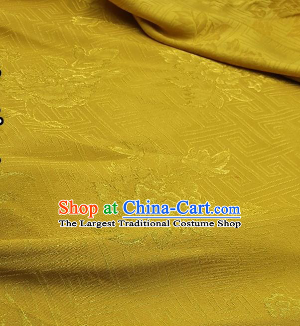 Chinese Traditional Peony Pattern Design Yellow Satin Fabric Traditional Asian Hanfu Dress Cloth Tapestry Silk Material