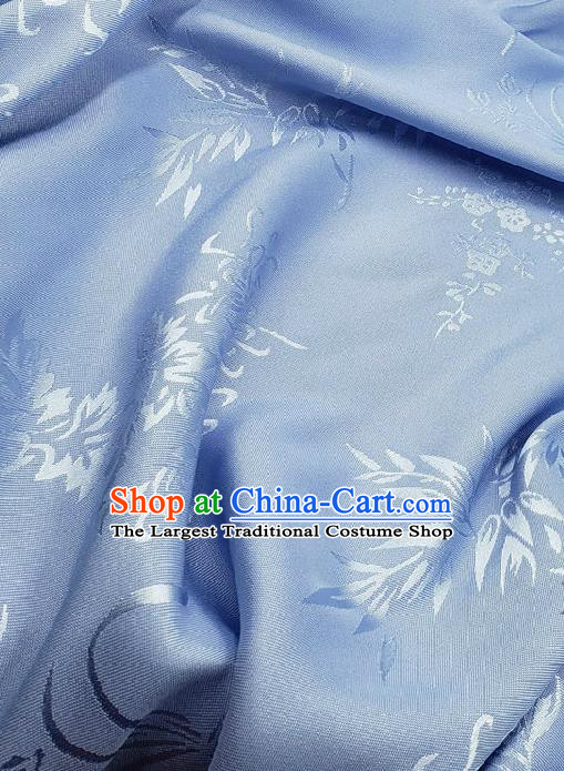 Chinese Traditional Plum Orchid Bamboo Chrysanthemum Pattern Design Blue Satin Fabric Traditional Asian Hanfu Dress Cloth Tapestry Jacquard Silk Material