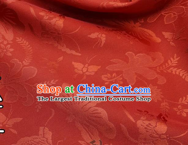 Chinese Hanfu Dress Traditional Butterfly Dragonfly Pattern Design Carmine Satin Fabric Silk Material Traditional Asian Cloth Tapestry