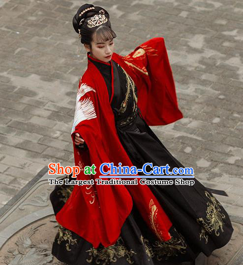 Chinese Ancient Jin Dynasty Empress Costumes Traditional Hanfu Garment Embroidered Red Cape Blouse and Skirt Complete Set