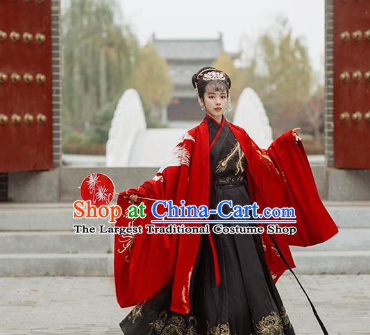 Chinese Ancient Jin Dynasty Empress Costumes Traditional Hanfu Garment Embroidered Red Cape Blouse and Skirt Complete Set