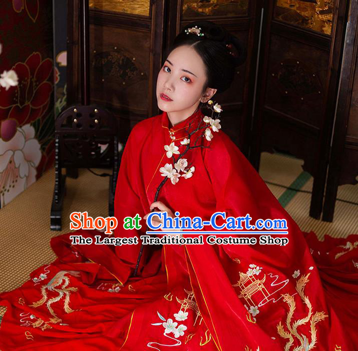 Chinese Ancient Ming Dynasty Wedding Costumes Traditional Noble Lady Hanfu Garment Embroidered Red Long Blouse and Skirt Full Set