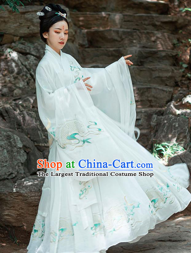 Chinese Ancient Jin Dynasty Imperial Consort Costumes Traditional Hanfu Garment Embroidered White Cape Blouse and Skirt Full Set
