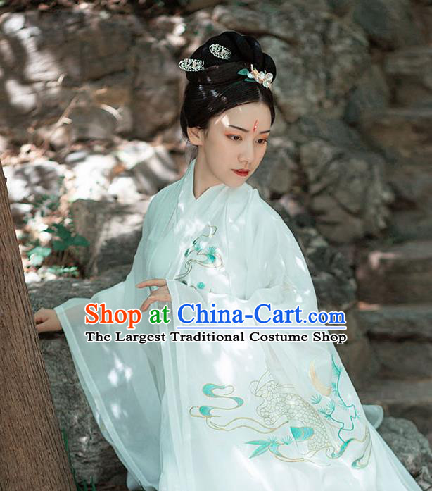 Chinese Ancient Jin Dynasty Imperial Consort Costumes Traditional Hanfu Garment Embroidered White Cape Blouse and Skirt Full Set