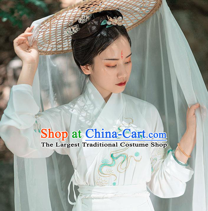 Chinese Ancient Jin Dynasty Imperial Consort Costumes Traditional Hanfu Garment Embroidered White Cape Blouse and Skirt Full Set