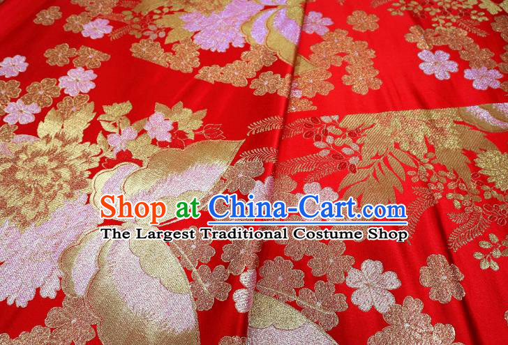 Top Quality Japanese Classical Butterfly Pattern Red Satin Material Asian Traditional Brocade Kimono Belt Nishijin Cloth Fabric