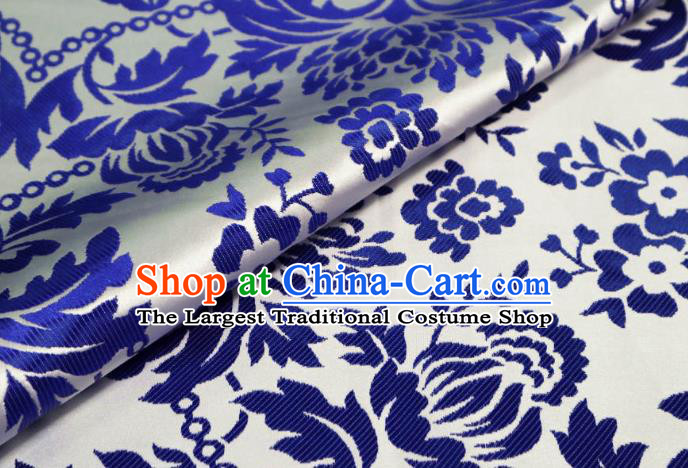 Chinese Classical Blue Flowers Pattern Design White Brocade Cheongsam Fabric Asian Traditional Tapestry Satin Material DIY Imperial Cloth Damask