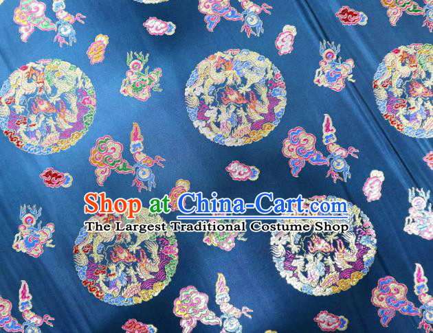 Chinese Classical Phoenix Dragon Pattern Design Navy Blue Brocade Cheongsam Fabric Asian Traditional Tapestry Satin Material DIY Wedding Cloth Damask