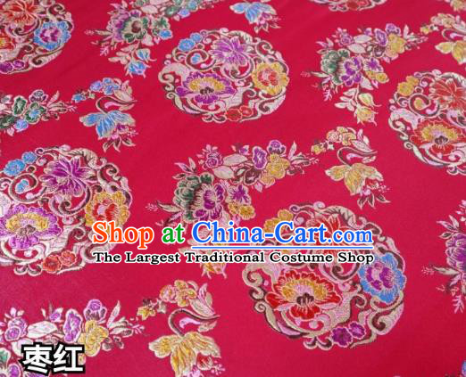 Chinese Classical Round Flowers Pattern Design Purplish Red Nanjing Brocade Cheongsam Fabric Asian Traditional Tapestry Satin Material DIY Wedding Cloth Damask