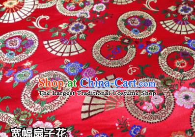 Top Quality Japanese Classical Fan Flowers Pattern Red Tapestry Satin Material Asian Traditional Brocade Kimono Nishijin Cloth Fabric