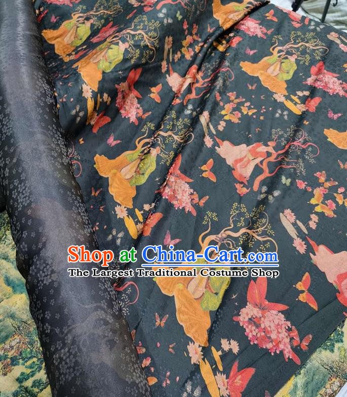 Chinese Classical Young Beauty Pattern Black Watered Gauze Asian Top Quality Silk Material Hanfu Dress Cloth Cheongsam Brocade Fabric