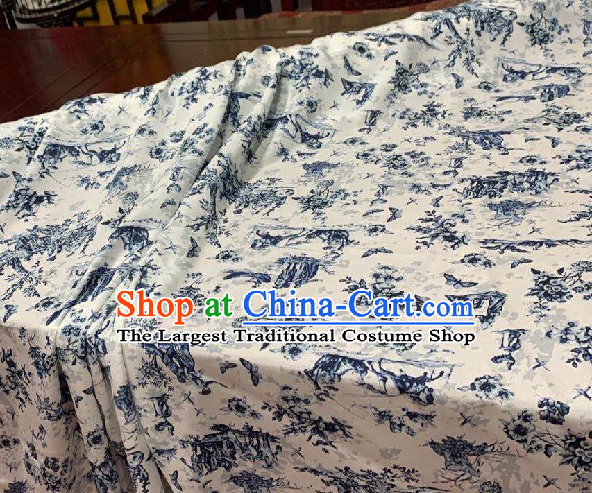 Chinese Classical Ink Painting Pattern White Watered Gauze Asian Top Quality Silk Material Hanfu Dress Fabric Cheongsam Cloth