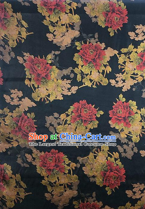 Chinese Classical Peony Pattern Black Watered Gauze Asian Top Quality Silk Material Hanfu Dress Brocade Cheongsam Cloth Fabric