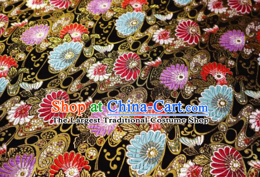 Japanese Traditional Daisy Pattern Black Brocade Cloth Kimono Belt Tapestry Satin Fabric Asian Top Quality Nishijin Material