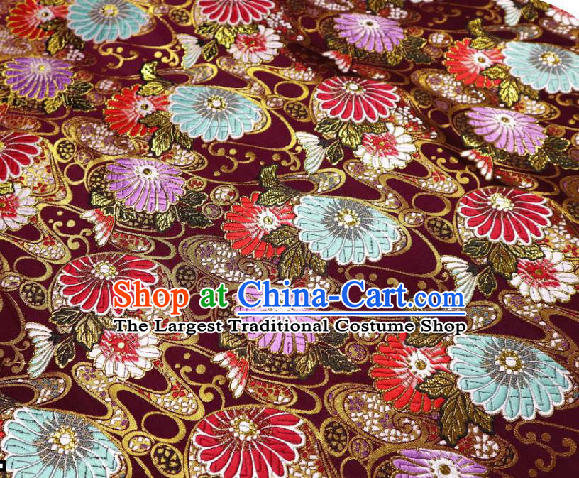 Japanese Traditional Daisy Pattern Amaranth Brocade Cloth Kimono Belt Tapestry Satin Fabric Asian Top Quality Nishijin Material