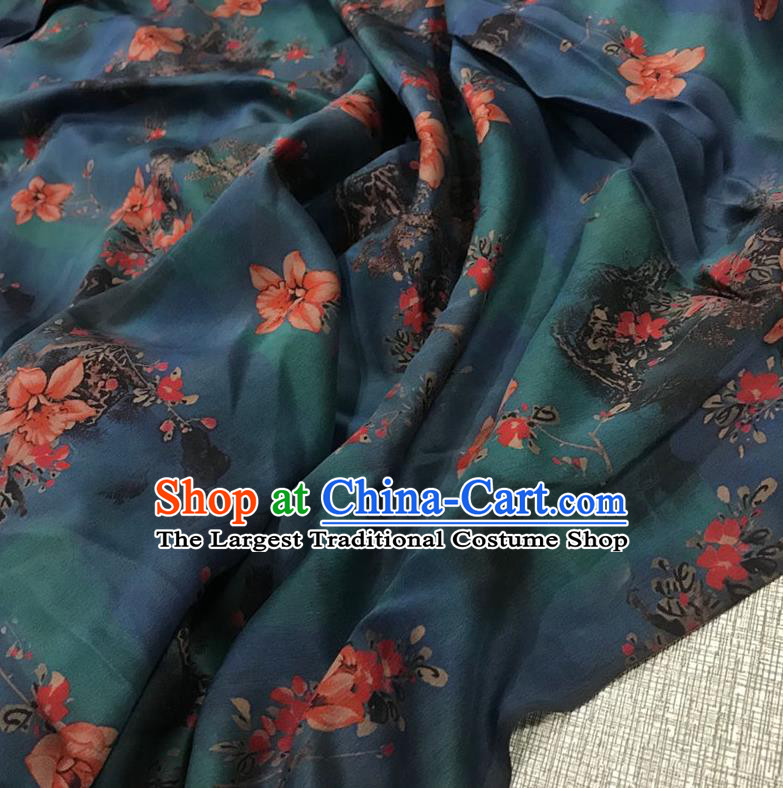 Chinese Classical Peach Blossom Pattern Dark Green Watered Gauze Asian Top Quality Silk Material Cloth Hanfu Dress Fabric