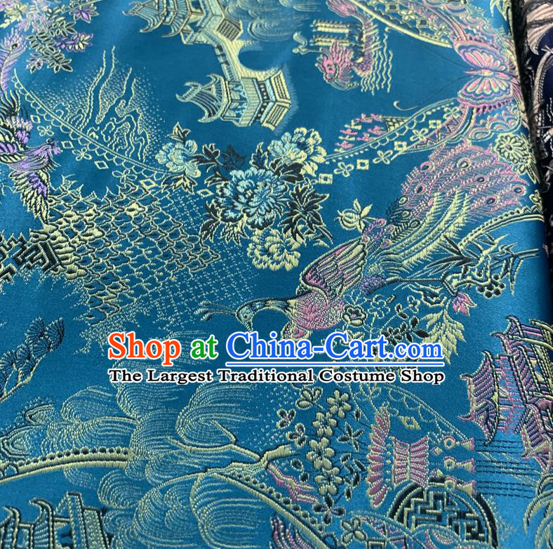 Chinese Cheongsam Classical Phoenix Pattern Design Blue Song Brocade Fabric Asian Traditional Tapestry Satin Material DIY Court Cloth Damask