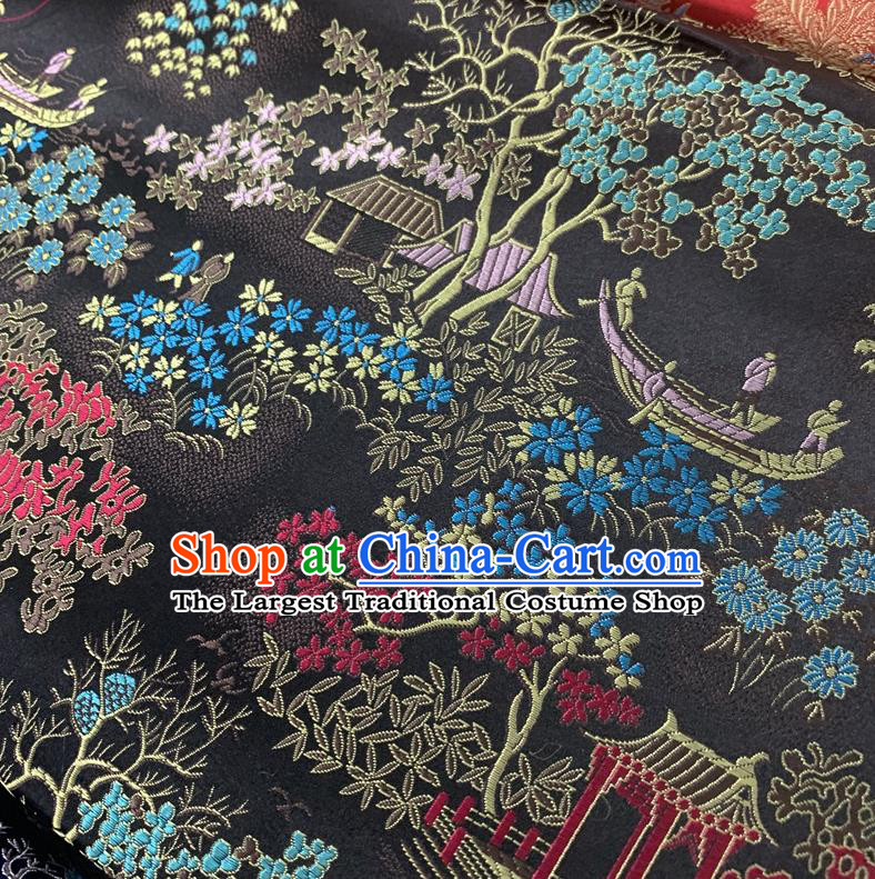 Chinese Cheongsam Classical Scenery Pattern Design Black Song Brocade Fabric Asian Traditional Tapestry Satin Material DIY Court Cloth Damask