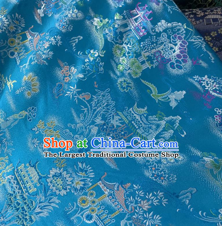 Chinese Cheongsam Classical Scenery Pattern Design Light Blue Song Brocade Fabric Asian Traditional Tapestry Satin Material DIY Court Cloth Damask