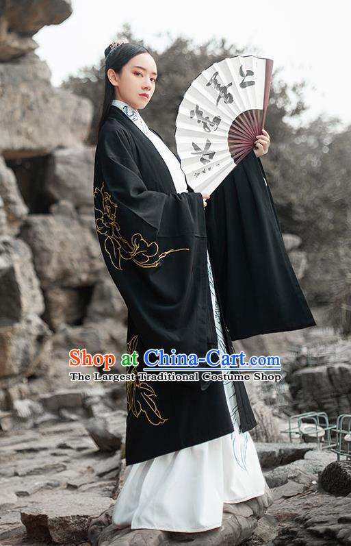 Chinese Ancient Han Dynasty Swordsman Hanfu Garment Traditional Young Male Costumes Embroidered Black Cloak Blouse and Skirt