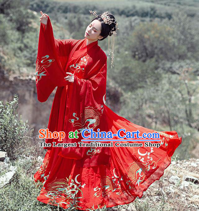 Chinese Ancient Bride Wedding Hanfu Garment Traditional Jin Dynasty Historical Costumes Embroidered Red Cape Blouse and Skirt Full Set