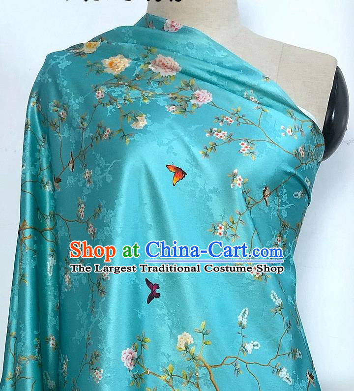 Chinese Classical Hibiscus Pattern Teal Watered Gauze Asian Top Quality Silk Material Hanfu Dress Brocade Cheongsam Cloth Fabric