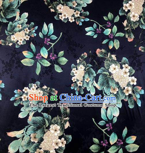 Chinese Classical Waxberry Flowers Pattern Navy Watered Gauze Asian Top Quality Silk Material Hanfu Dress Brocade Cheongsam Cloth Fabric