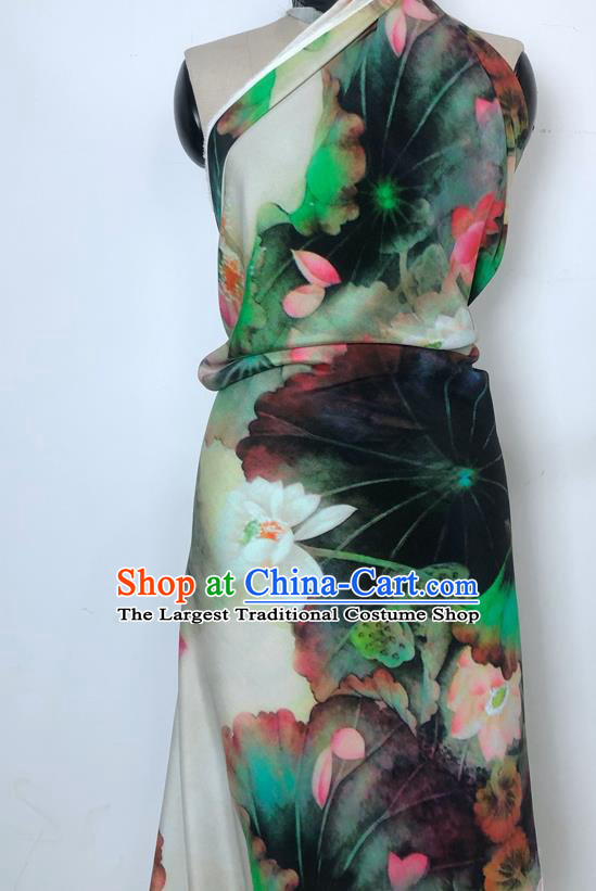 Chinese Classical Ink Painting Lotus Pattern Watered Gauze Hanfu Dress Brocade Cheongsam Cloth Fabric Asian Top Quality Silk Material