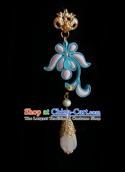 Chinese Classical Cheongsam Rose Quartz Brooch Traditional Hanfu Accessories Handmade Breastpin Silk Iris Tassel Pendant for Women