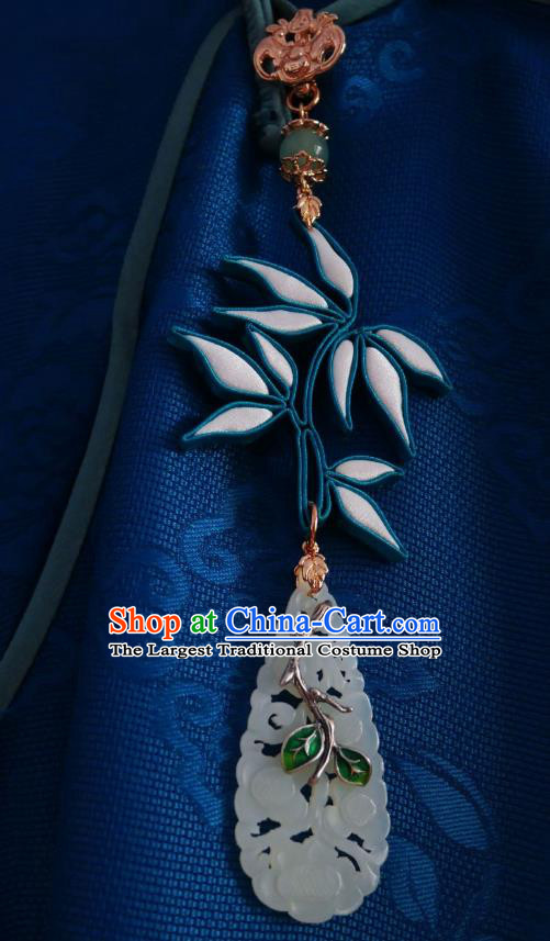 Chinese Classical Cheongsam White Silk Bamboo Leaf Brooch Traditional Hanfu Accessories Handmade Jade Breastpin Pendant for Women