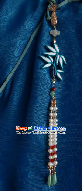Chinese Classical Cheongsam Jade Silk Bamboo Leaf Brooch Traditional Hanfu Accessories Handmade Pearls Tassel Breastpin Pendant for Women