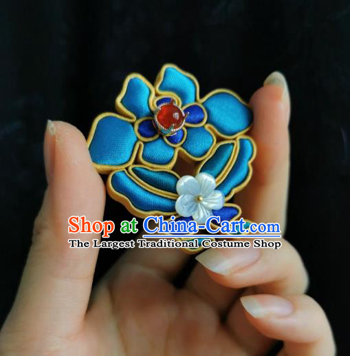 Chinese Classical Cheongsam Blue Silk Flower Butterfly Brooch Traditional Hanfu Accessories Handmade Breastpin for Women