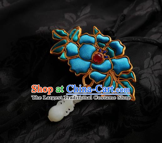 Chinese Classical Cheongsam Blue Silk Peony Brooch Traditional Hanfu Accessories Handmade Jade Vase Breastpin Pendant for Women