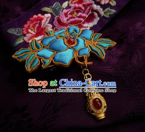 Chinese Classical Cheongsam Blue Silk Peony Brooch Traditional Hanfu Accessories Handmade Golden Vase Breastpin Pendant for Women