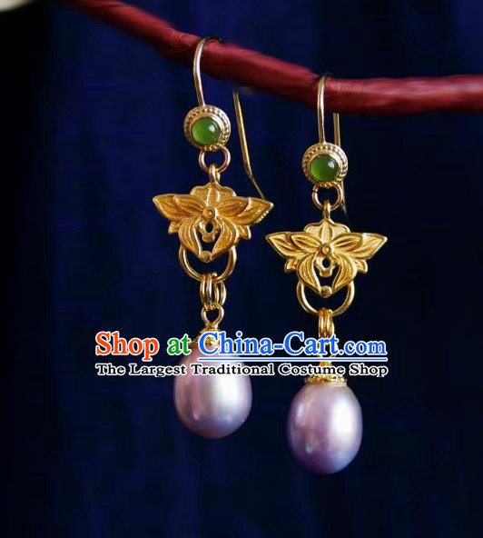 Chinese Handmade Golden Earrings Traditional Hanfu Ear Jewelry Accessories Ancient Princess Pearl Eardrop for Women