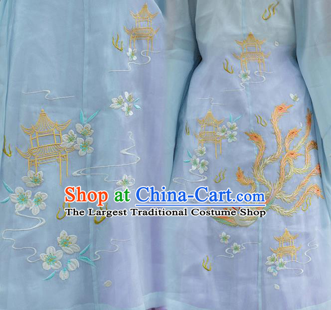 Chinese Ancient Ming Dynasty Young Lady Hanfu Garment Traditional Embroidered Costumes Blue Blouse and Pleated Skirt for Women