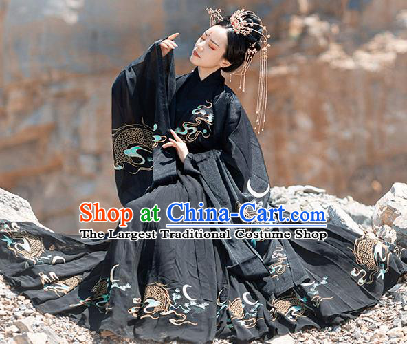 Chinese Ancient Jin Dynasty Palace Lady Black Garment Traditional Royal Princess Embroidered Hanfu Costumes Cloak Blouse and Pleated Skirt Full Set