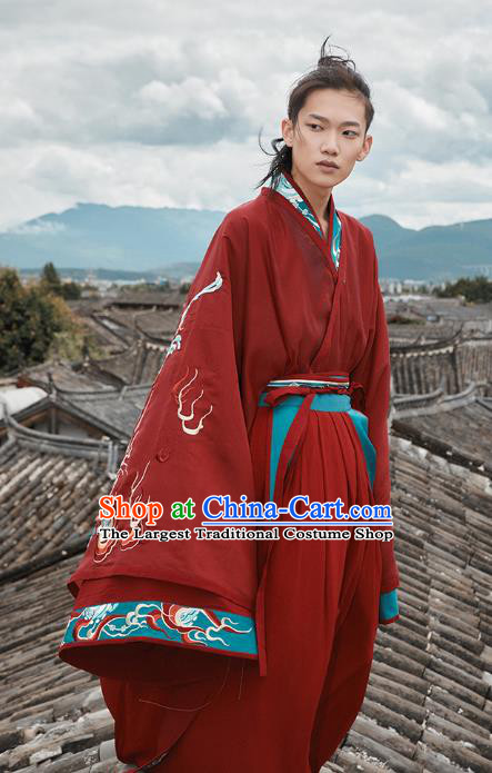 Chinese Jin Dynasty Prince Garment Traditional Ancient Noble Childe Hanfu Costumes Embroidered Wedding Red Blouse and Skirt for Men