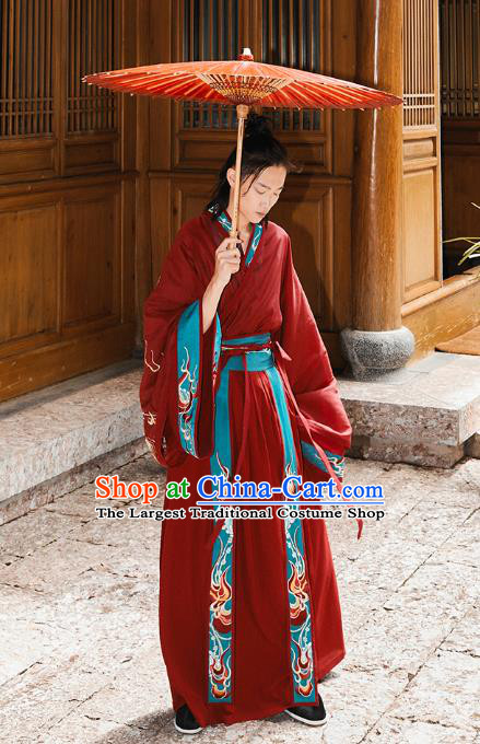 Chinese Jin Dynasty Prince Garment Traditional Ancient Noble Childe Hanfu Costumes Embroidered Wedding Red Blouse and Skirt for Men