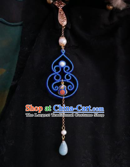 Chinese Classical Cheongsam Blue Silk Cucurbit Brooch Traditional Hanfu Accessories Handmade Aventurine Tassel Breastpin Pendant for Women