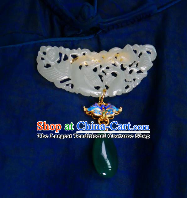 Chinese Classical Cheongsam Jade Brooch Traditional Hanfu Accessories Handmade Cloisonne Butterfly Breastpin Pendant for Women