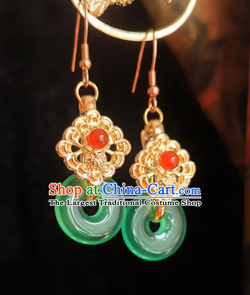 Chinese Handmade Qing Dynasty Court Earrings Traditional Hanfu Ear Jewelry Accessories Classical Green Ring Eardrop for Women