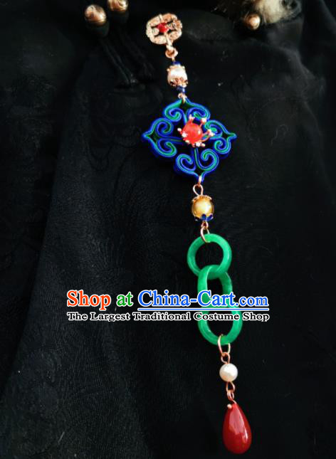 Chinese Classical Blue Silk Brooch Traditional Hanfu Cheongsam Accessories Handmade Jade Rings Tassel Breastpin Pendant for Women