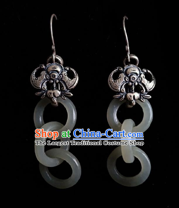 Chinese Handmade Court White Jade Rings Earrings Traditional Hanfu Ear Jewelry Accessories Classical Silver Bat Eardrop for Women