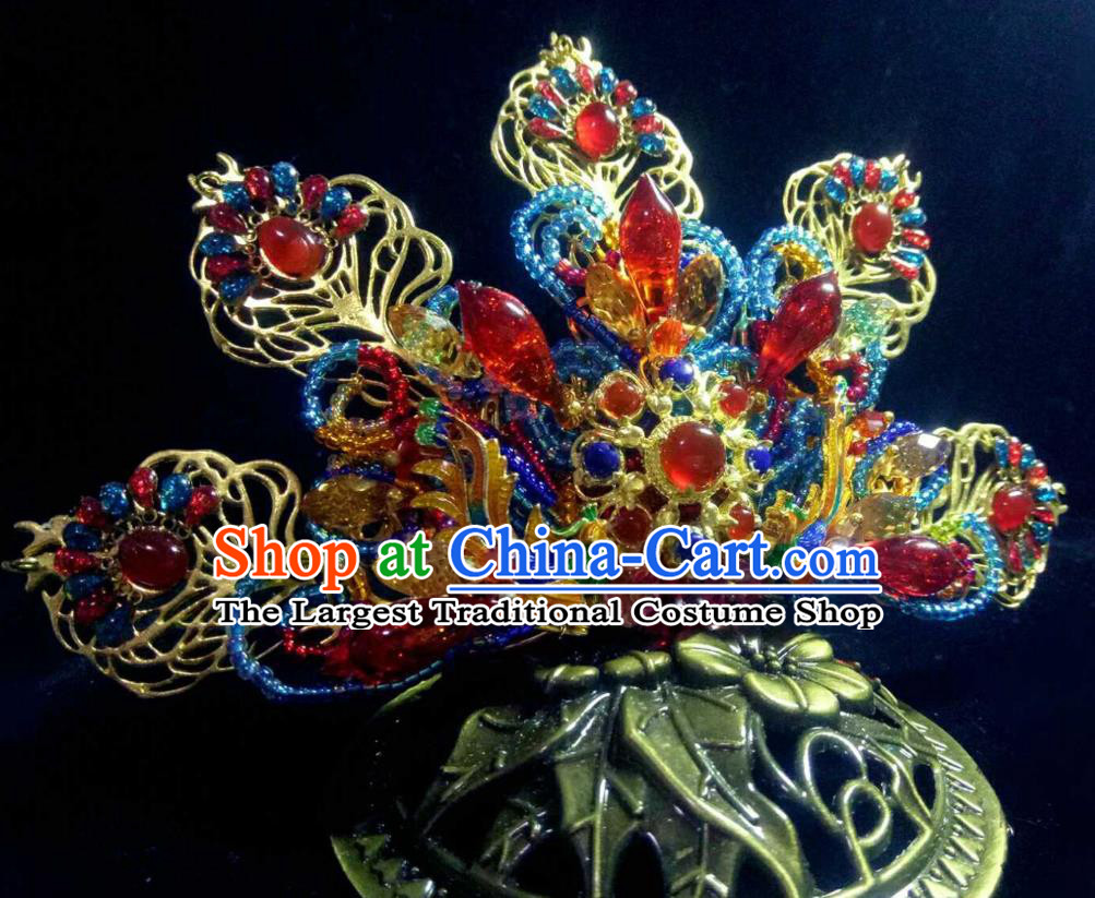 Handmade Chinese Bride Gems Hair Crown Hairpins Traditional Hanfu Hair Accessories Ancient Qing Dynasty Court Hair Clip for Women