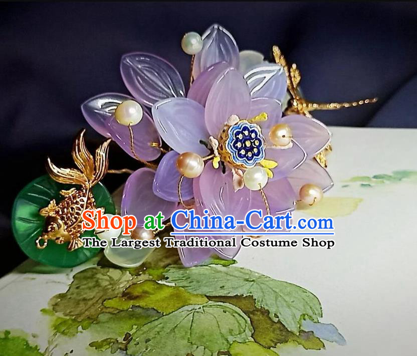 Handmade Chinese Purple Lotus Goldfish Hairpins Traditional Hanfu Hair Accessories Ancient Court Hair Clip for Women