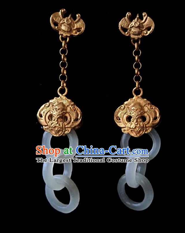 Chinese Handmade Court Golden Bat Earrings Traditional Hanfu Ear Jewelry Accessories Classical White Jade Rings Eardrop for Women
