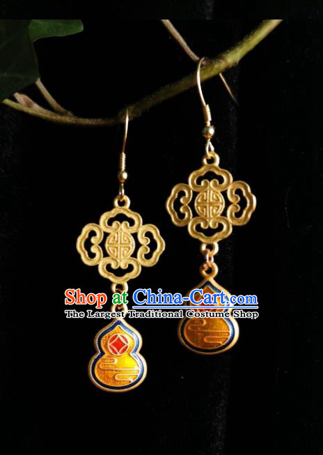 Chinese Handmade Qing Dynasty Earrings Traditional Hanfu Ear Jewelry Accessories Classical Court Cloisonne Golden Cucurbit Eardrop for Women