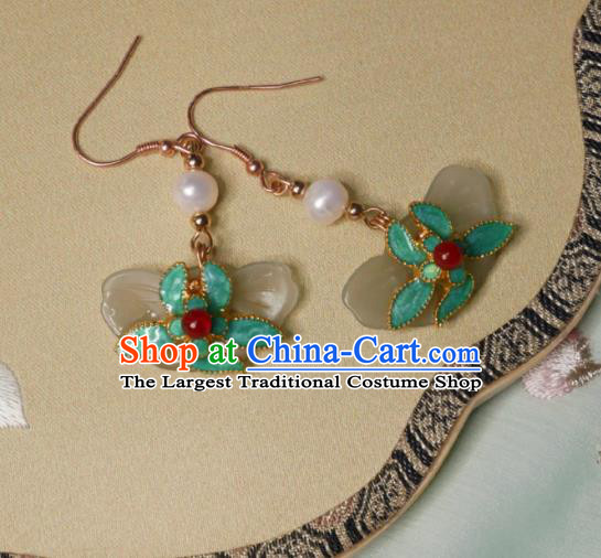 Chinese Handmade Qing Dynasty Green Flower Earrings Traditional Hanfu Ear Jewelry Accessories Classical Court Jade Butterfly Eardrop for Women